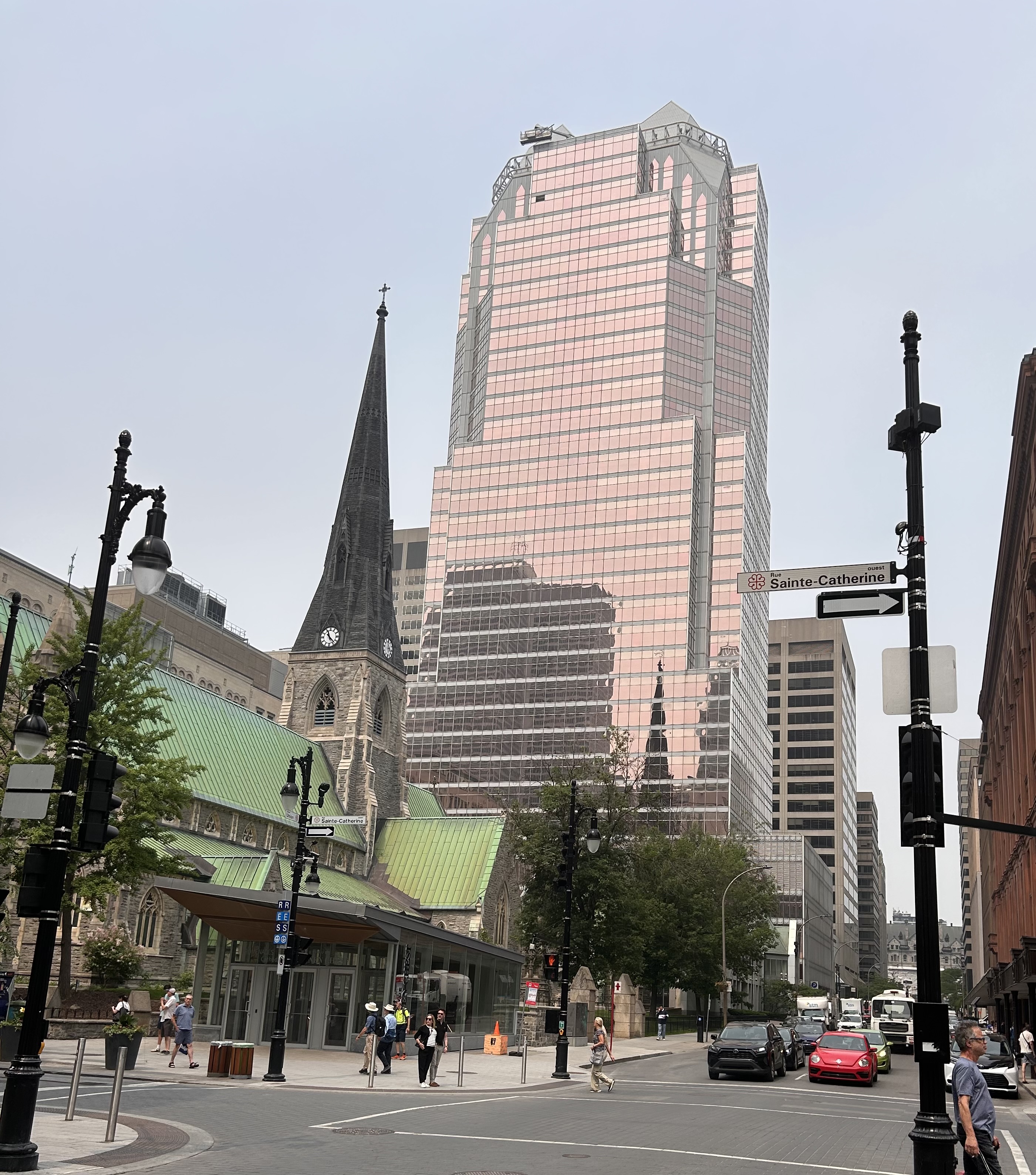 Downtown Montreal with pink reflection